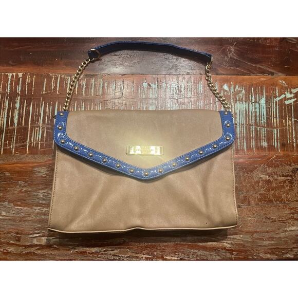 Kate Landry Tan Shoulder Bag Purse With Blue And Gold Accents Cheetah Lining - Picture 4 of 10